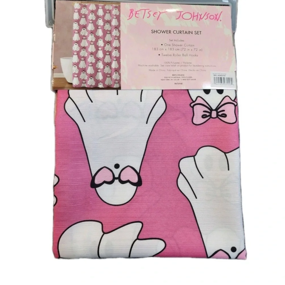 Betsey Johnson Shower Curtain Set Pink Coquette Ghost Hey Boo Halloween 12 Hooks